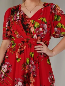 Jolie Moi Mesh Dresses|Weekend Casuals-Print Mesh Flare Dress, Red Floral