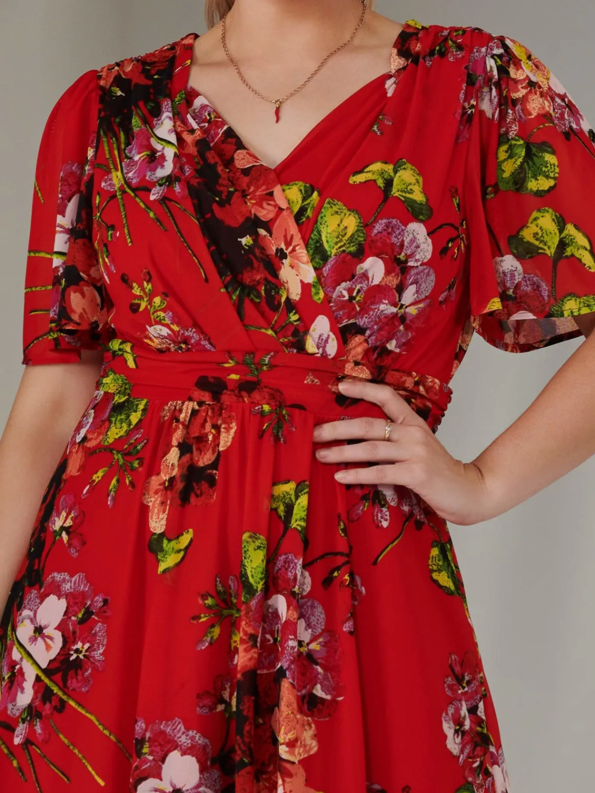 Jolie Moi Mesh Dresses|Weekend Casuals-Print Mesh Flare Dress, Red Floral