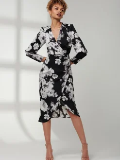 Jolie Moi Occasion Dresses|Floral Dresses-Print Satin Wrap Bodycon Dress, Black Floral