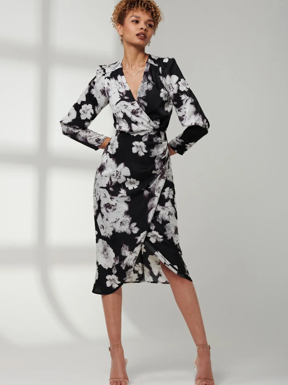 Jolie Moi Occasion Dresses|Floral Dresses-Print Satin Wrap Bodycon Dress, Black Floral
