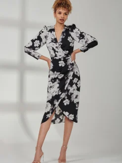 Jolie Moi Occasion Dresses|Floral Dresses-Print Satin Wrap Bodycon Dress, Black Floral