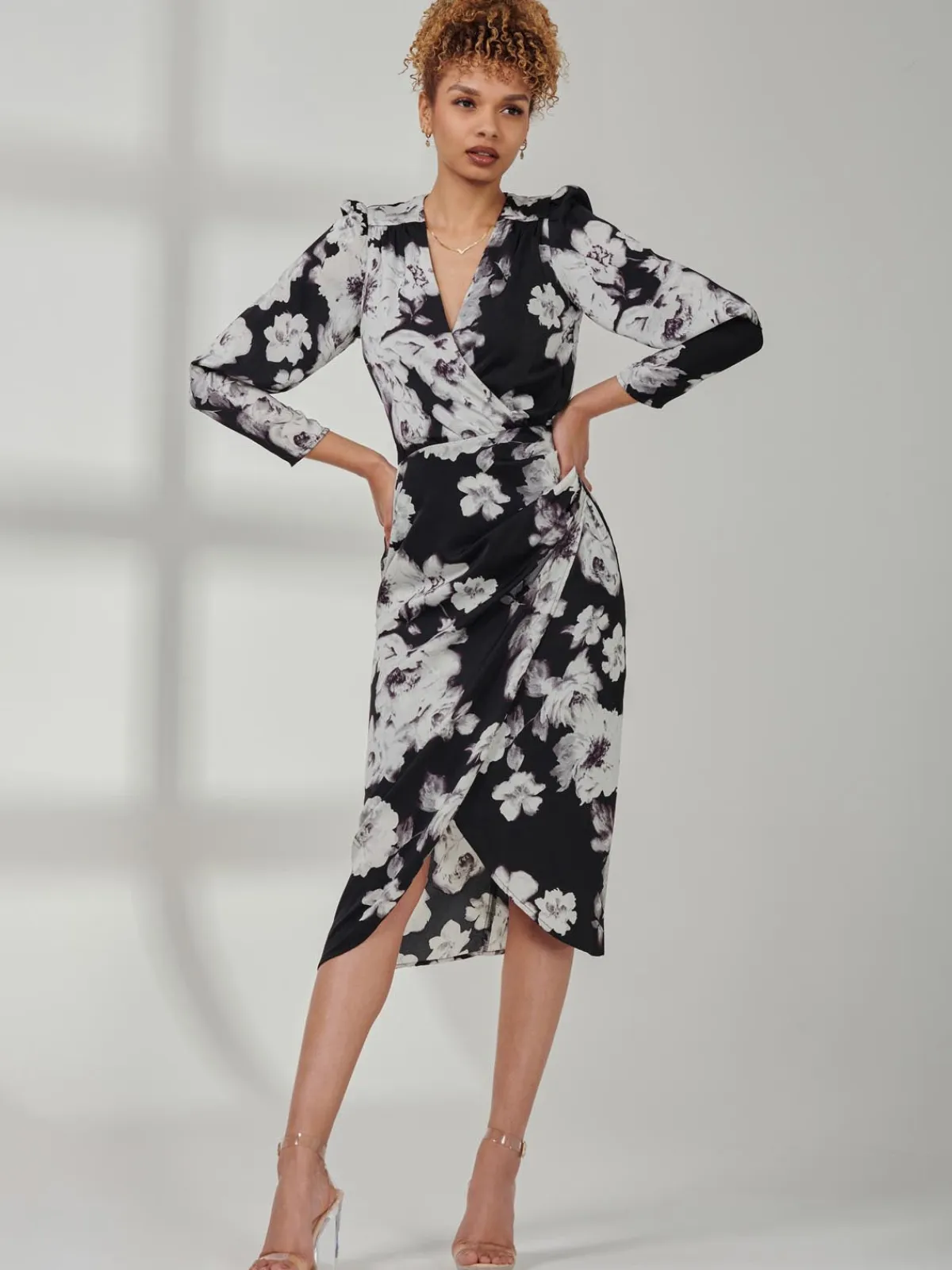 Jolie Moi Occasion Dresses|Floral Dresses-Print Satin Wrap Bodycon Dress, Black Floral
