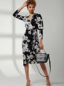 Jolie Moi Occasion Dresses|Floral Dresses-Print Satin Wrap Bodycon Dress, Black Floral