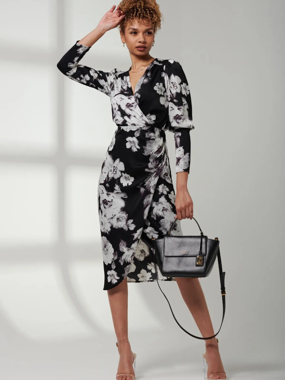 Jolie Moi Occasion Dresses|Floral Dresses-Print Satin Wrap Bodycon Dress, Black Floral