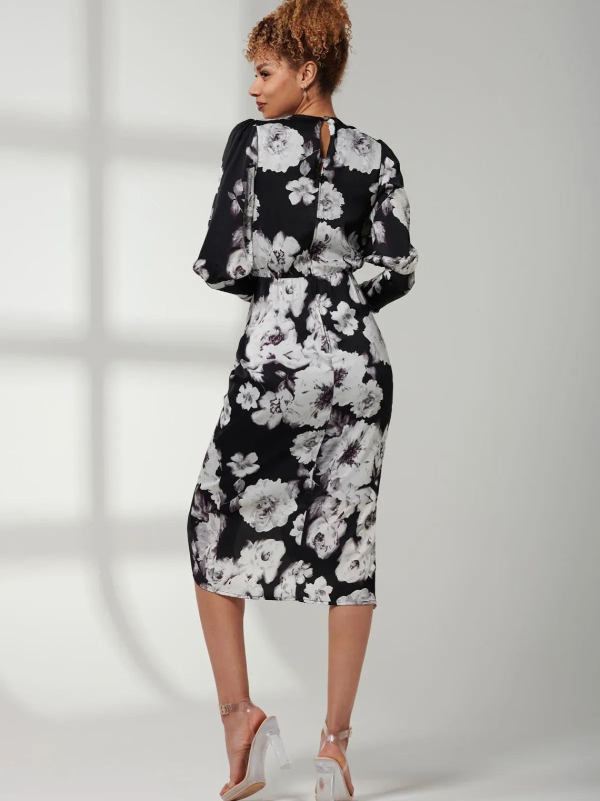 Jolie Moi Occasion Dresses|Floral Dresses-Print Satin Wrap Bodycon Dress, Black Floral