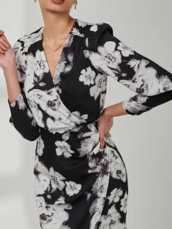 Jolie Moi Occasion Dresses|Floral Dresses-Print Satin Wrap Bodycon Dress, Black Floral