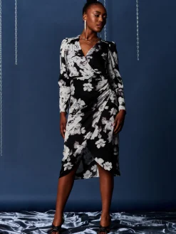 Jolie Moi Occasion Dresses|Floral Dresses-Print Satin Wrap Bodycon Dress, Black Floral