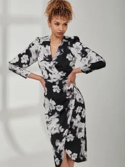 Jolie Moi Occasion Dresses|Floral Dresses-Print Satin Wrap Bodycon Dress, Black Floral