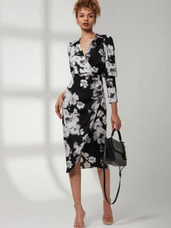 Jolie Moi Occasion Dresses|Floral Dresses-Print Satin Wrap Bodycon Dress, Black Floral