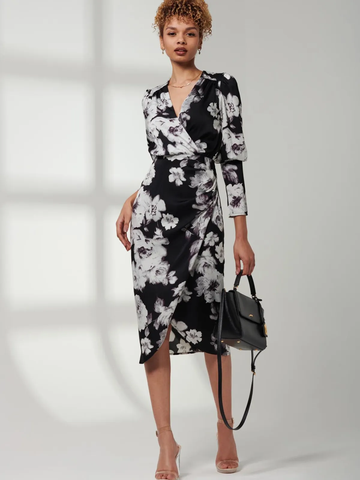 Jolie Moi Occasion Dresses|Floral Dresses-Print Satin Wrap Bodycon Dress, Black Floral