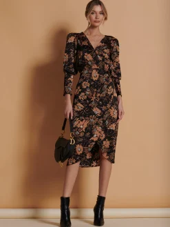 Jolie Moi Occasion Dresses|Floral Dresses-Print Satin Wrap Bodycon Dress, Brown Floral