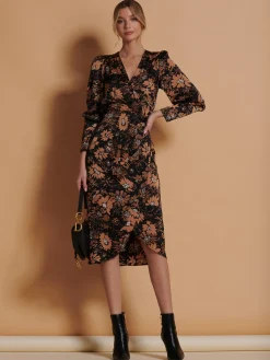 Jolie Moi Occasion Dresses|Floral Dresses-Print Satin Wrap Bodycon Dress, Brown Floral