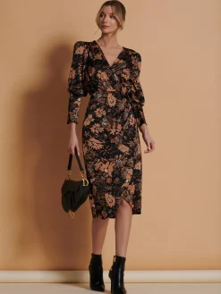 Jolie Moi Occasion Dresses|Floral Dresses-Print Satin Wrap Bodycon Dress, Brown Floral