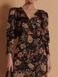 Jolie Moi Occasion Dresses|Floral Dresses-Print Satin Wrap Bodycon Dress, Brown Floral