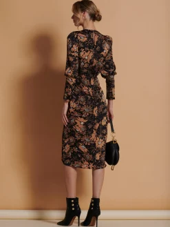 Jolie Moi Occasion Dresses|Floral Dresses-Print Satin Wrap Bodycon Dress, Brown Floral