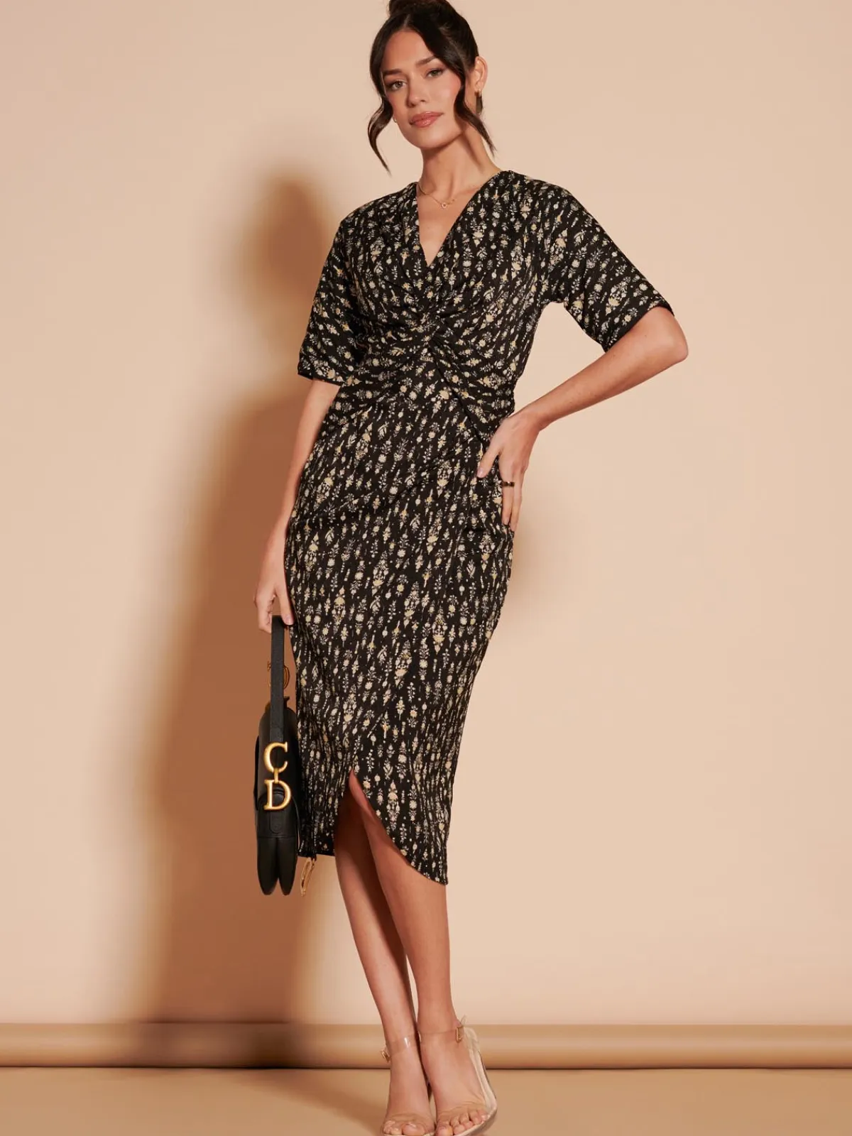 Jolie Moi Occasion Dresses|Weekend Casuals-Print Twist Front Tulip Midi Dress, Black Multi
