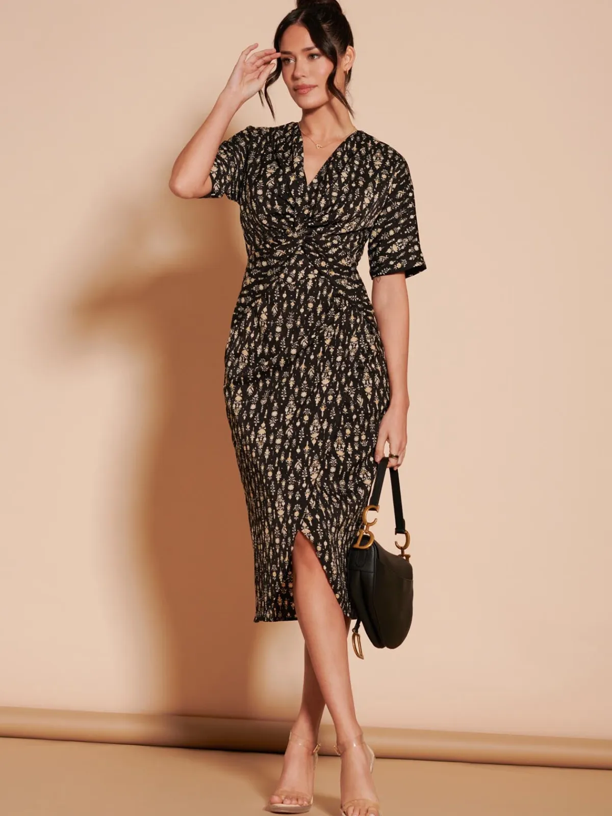 Jolie Moi Occasion Dresses|Weekend Casuals-Print Twist Front Tulip Midi Dress, Black Multi