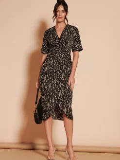Jolie Moi Occasion Dresses|Weekend Casuals-Print Twist Front Tulip Midi Dress, Black Multi