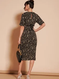 Jolie Moi Occasion Dresses|Weekend Casuals-Print Twist Front Tulip Midi Dress, Black Multi
