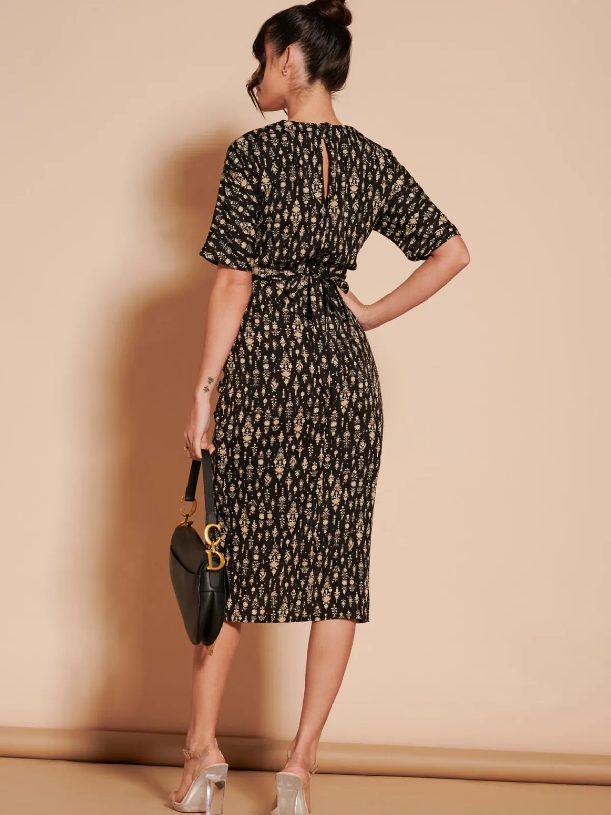 Jolie Moi Occasion Dresses|Weekend Casuals-Print Twist Front Tulip Midi Dress, Black Multi