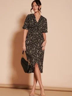 Jolie Moi Occasion Dresses|Weekend Casuals-Print Twist Front Tulip Midi Dress, Black Multi