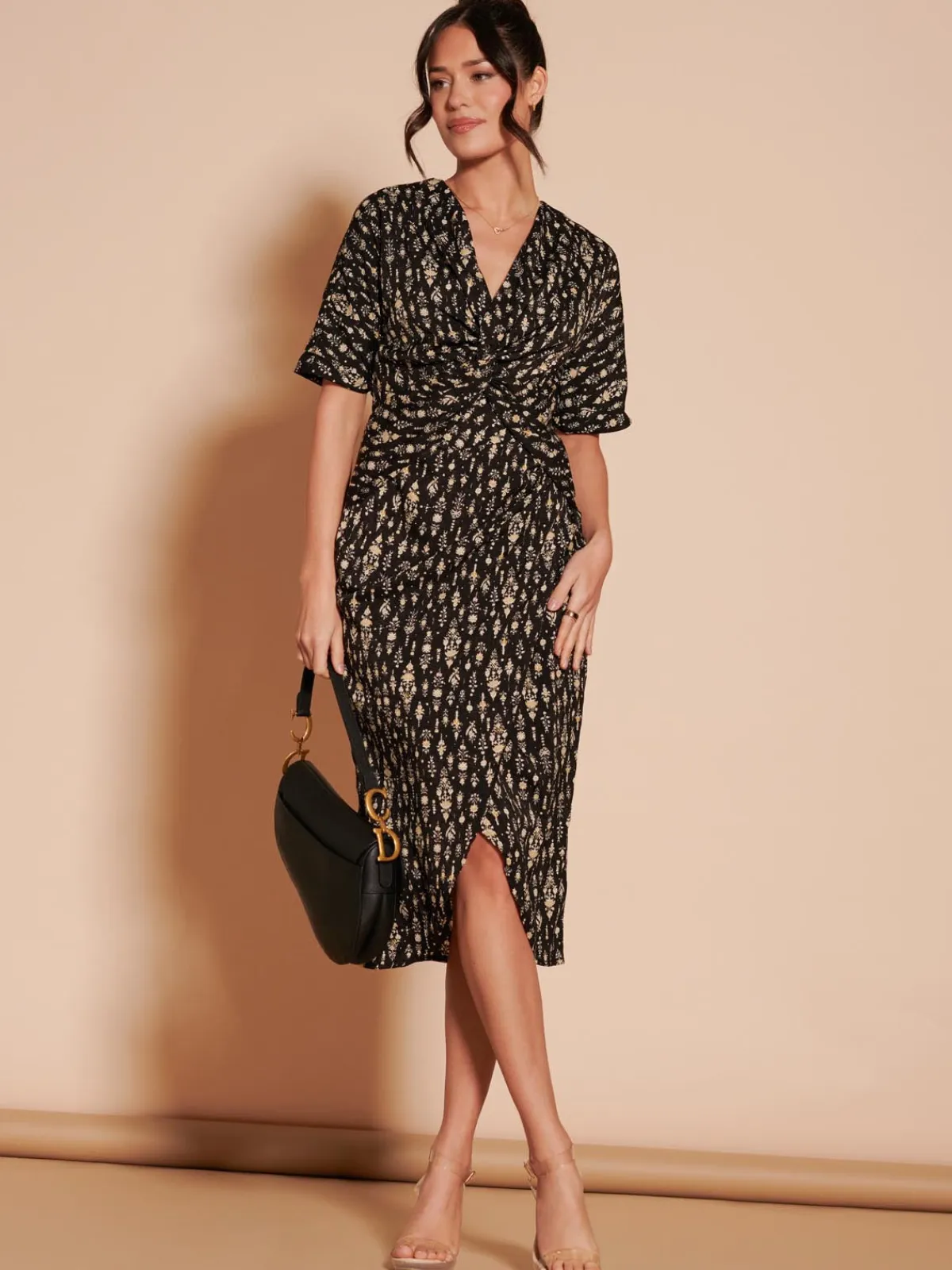 Jolie Moi Occasion Dresses|Weekend Casuals-Print Twist Front Tulip Midi Dress, Black Multi