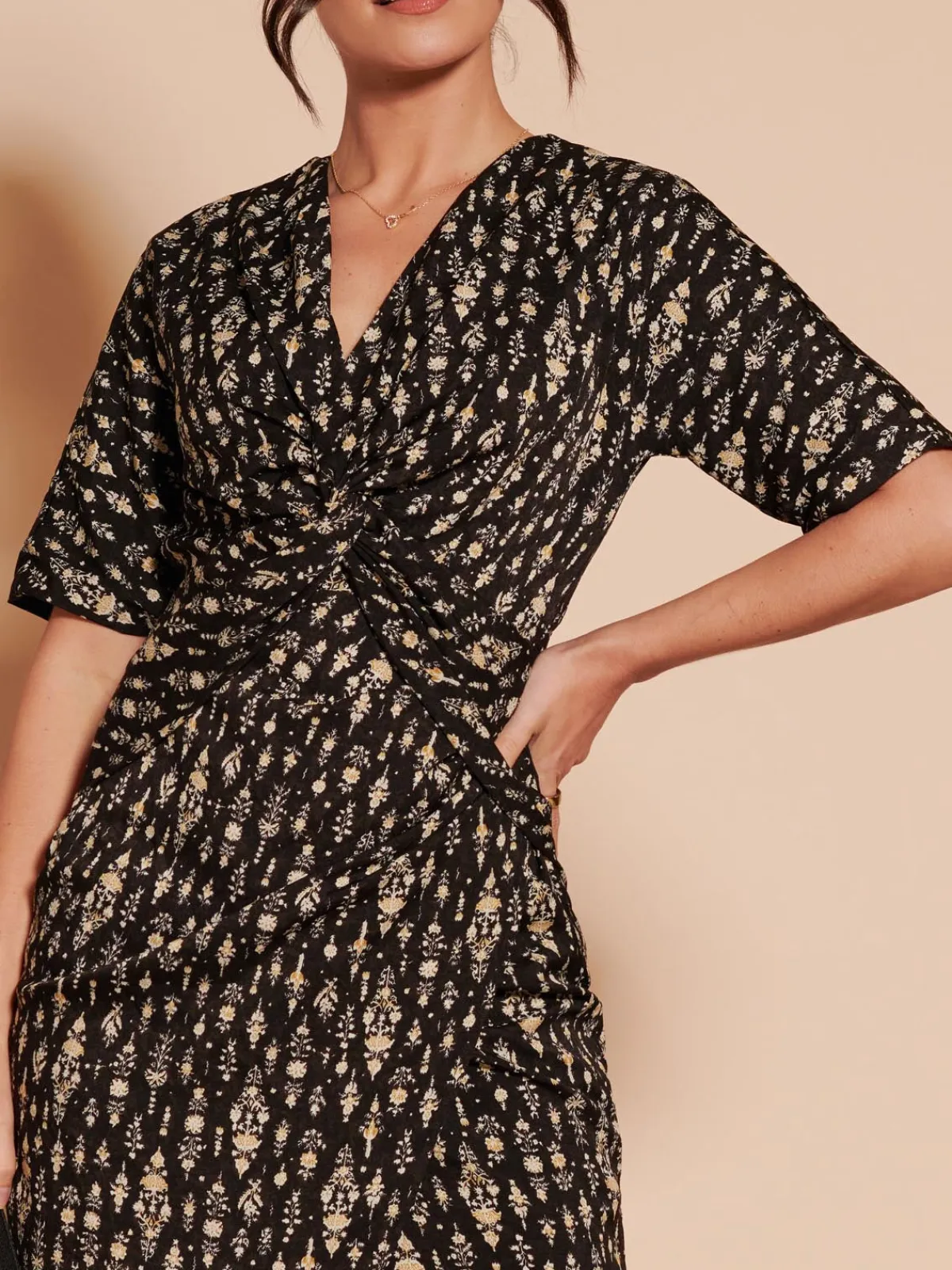 Jolie Moi Occasion Dresses|Weekend Casuals-Print Twist Front Tulip Midi Dress, Black Multi