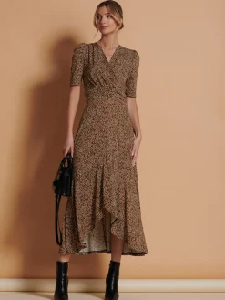 Jolie Moi Occasion Dresses|Jersey Dresses-Print Viscose Frill Hem Maxi Dress, Black Spot