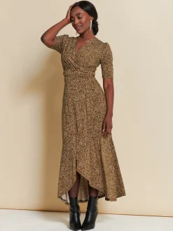 Jolie Moi Occasion Dresses|Jersey Dresses-Print Viscose Frill Hem Maxi Dress, Black Spot