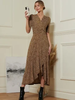 Jolie Moi Occasion Dresses|Jersey Dresses-Print Viscose Frill Hem Maxi Dress, Black Spot