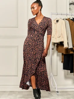 Jolie Moi Occasion Dresses|Jersey Dresses-Print Viscose Frill Hem Maxi Dress, Navy Abstract