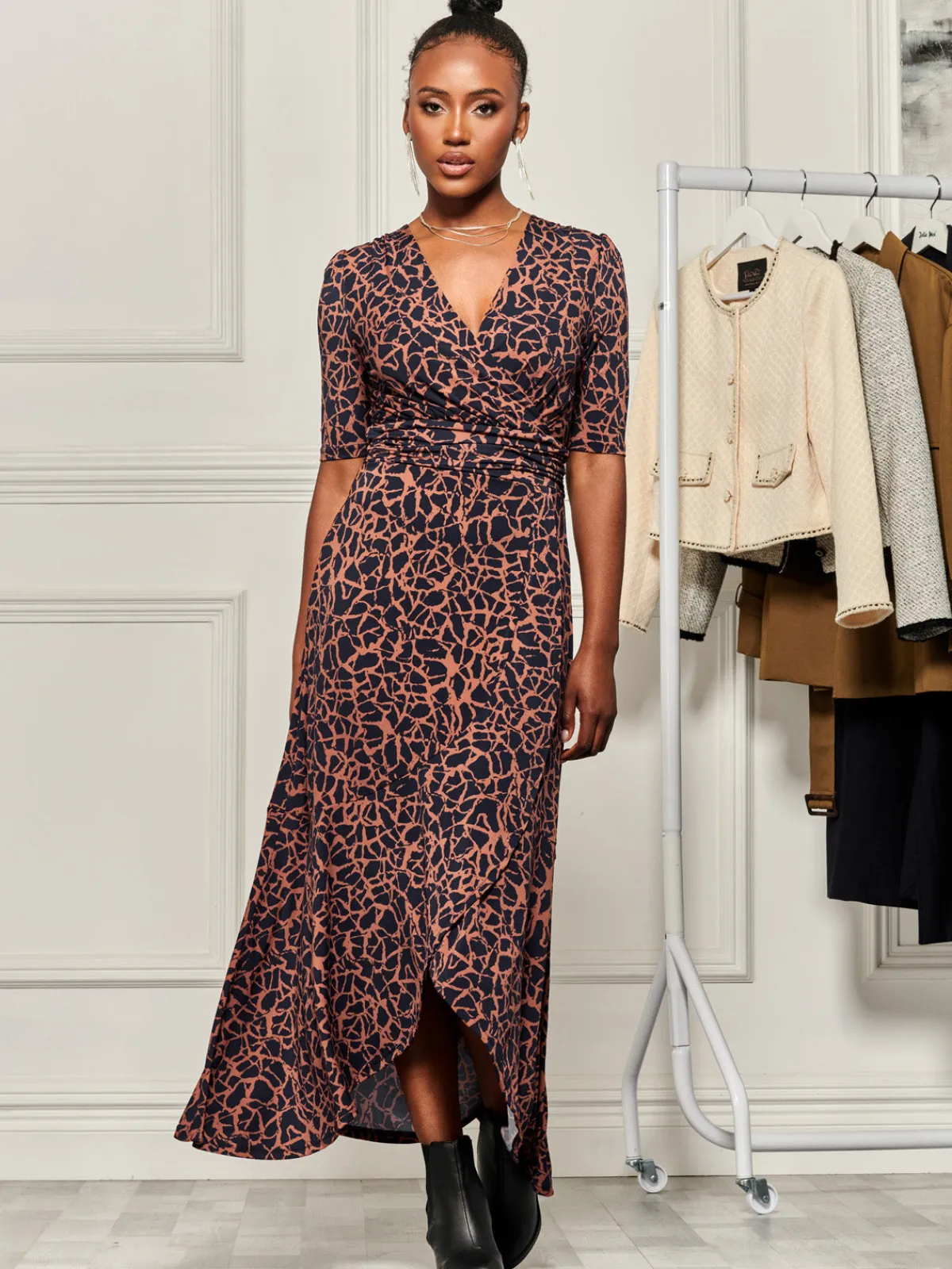Jolie Moi Occasion Dresses|Jersey Dresses-Print Viscose Frill Hem Maxi Dress, Navy Abstract