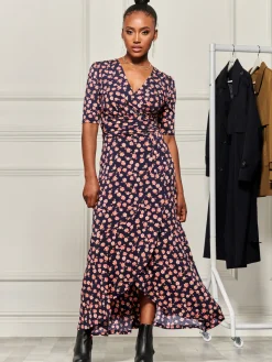 Jolie Moi Occasion Dresses|Jersey Dresses-Print Viscose Frill Hem Maxi Dress, Navy Floral