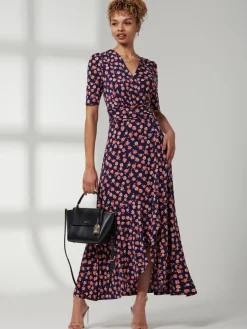 Jolie Moi Occasion Dresses|Jersey Dresses-Print Viscose Frill Hem Maxi Dress, Navy Floral