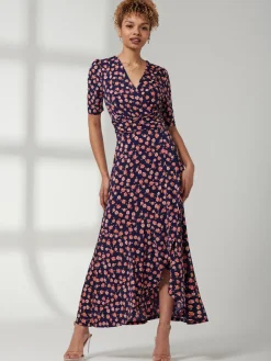 Jolie Moi Occasion Dresses|Jersey Dresses-Print Viscose Frill Hem Maxi Dress, Navy Floral