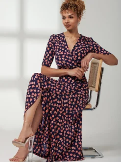 Jolie Moi Occasion Dresses|Jersey Dresses-Print Viscose Frill Hem Maxi Dress, Navy Floral