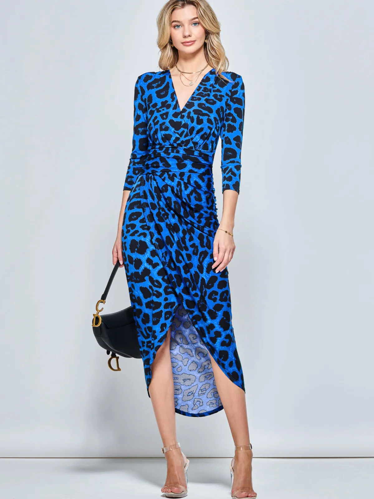 Jolie Moi Occasion Dresses|Office Dresses-Print Wrap Front Bodycon Maxi Dress, Blue Animal
