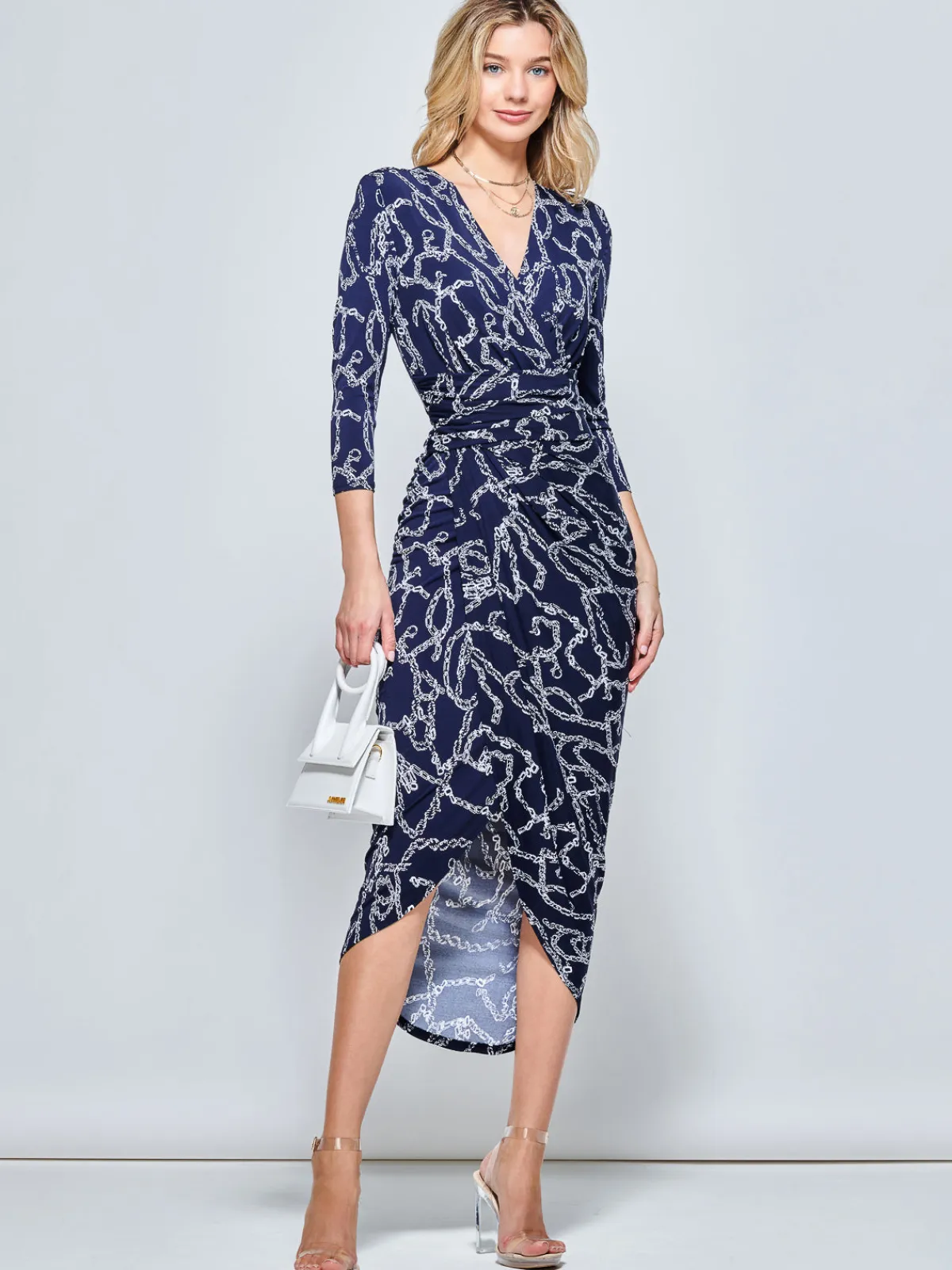 Jolie Moi Occasion Dresses|Jersey Dresses-Print Wrap Front Bodycon Maxi Dress, Navy Multi