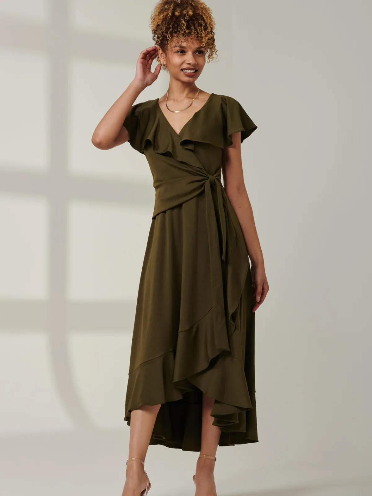 Jolie Moi Occasion Dresses|Maxi Dresses-Priya Frill Dipped Hem Dress, Soldier Green