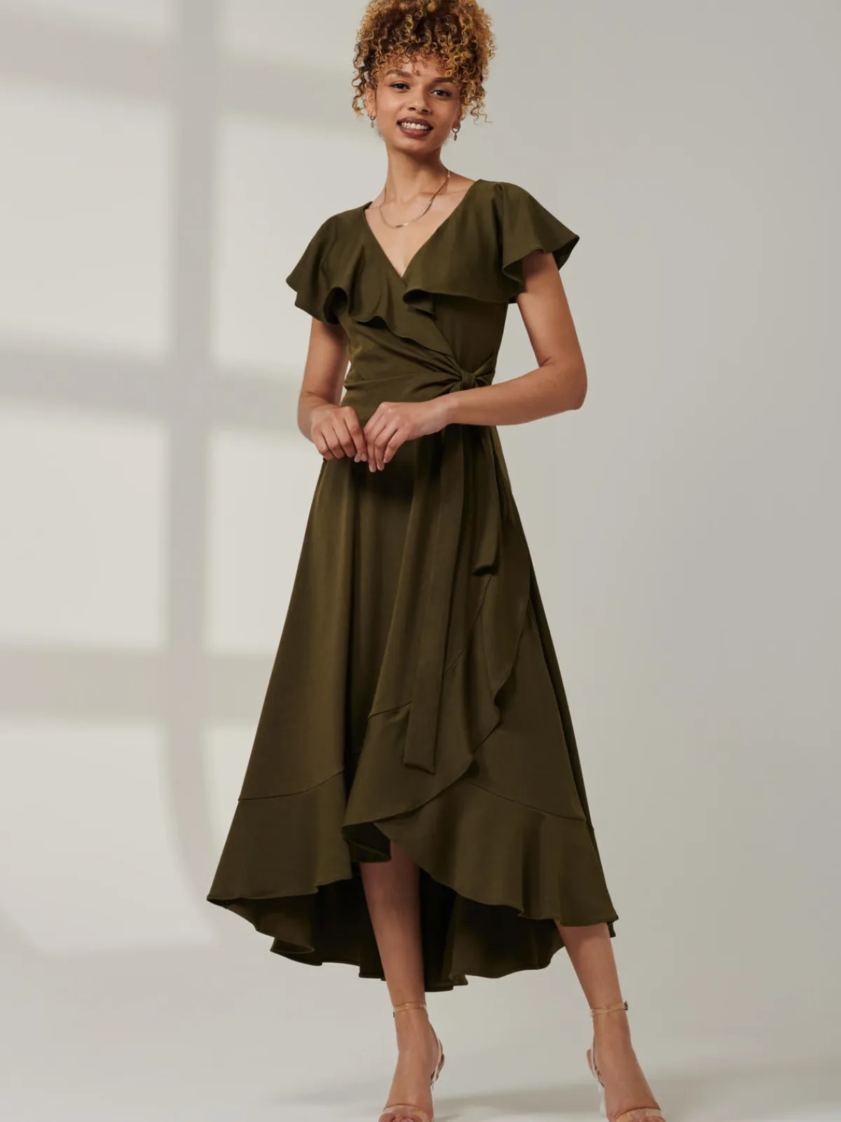 Jolie Moi Occasion Dresses|Maxi Dresses-Priya Frill Dipped Hem Dress, Soldier Green