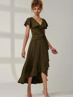 Jolie Moi Occasion Dresses|Maxi Dresses-Priya Frill Dipped Hem Dress, Soldier Green