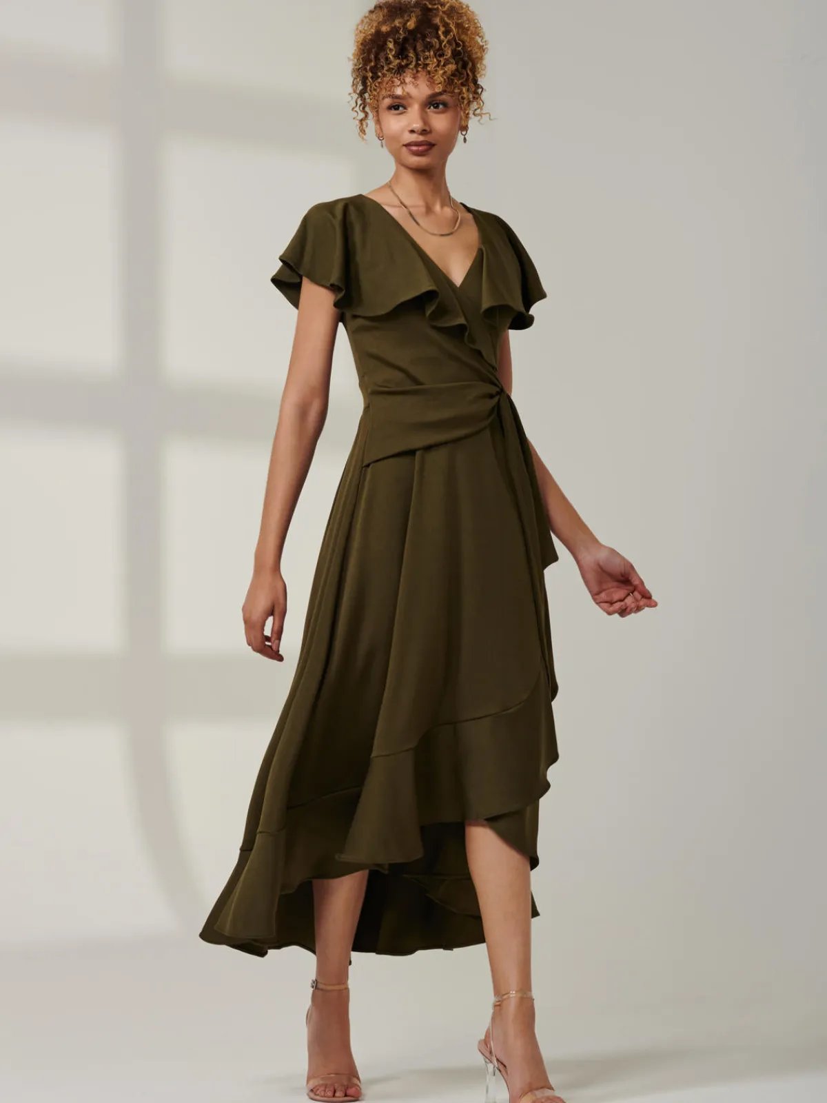 Jolie Moi Occasion Dresses|Maxi Dresses-Priya Frill Dipped Hem Dress, Soldier Green