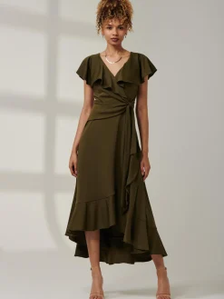 Jolie Moi Occasion Dresses|Maxi Dresses-Priya Frill Dipped Hem Dress, Soldier Green