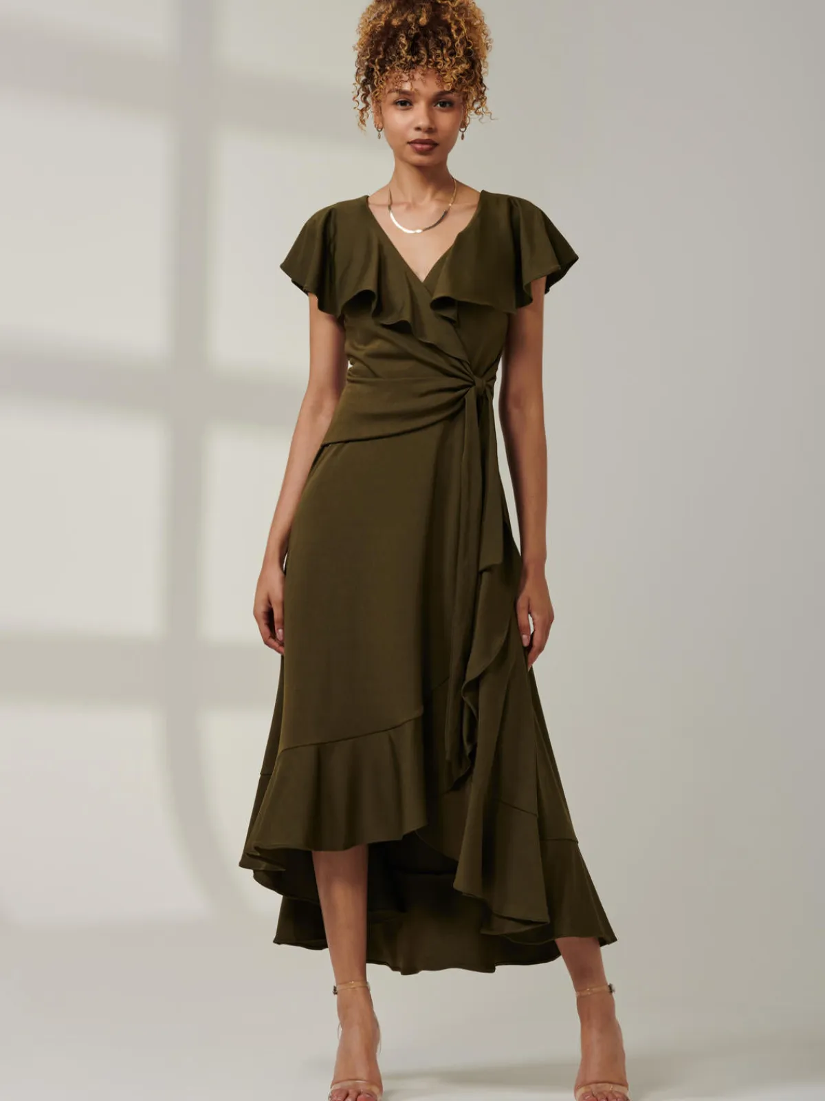Jolie Moi Occasion Dresses|Maxi Dresses-Priya Frill Dipped Hem Dress, Soldier Green