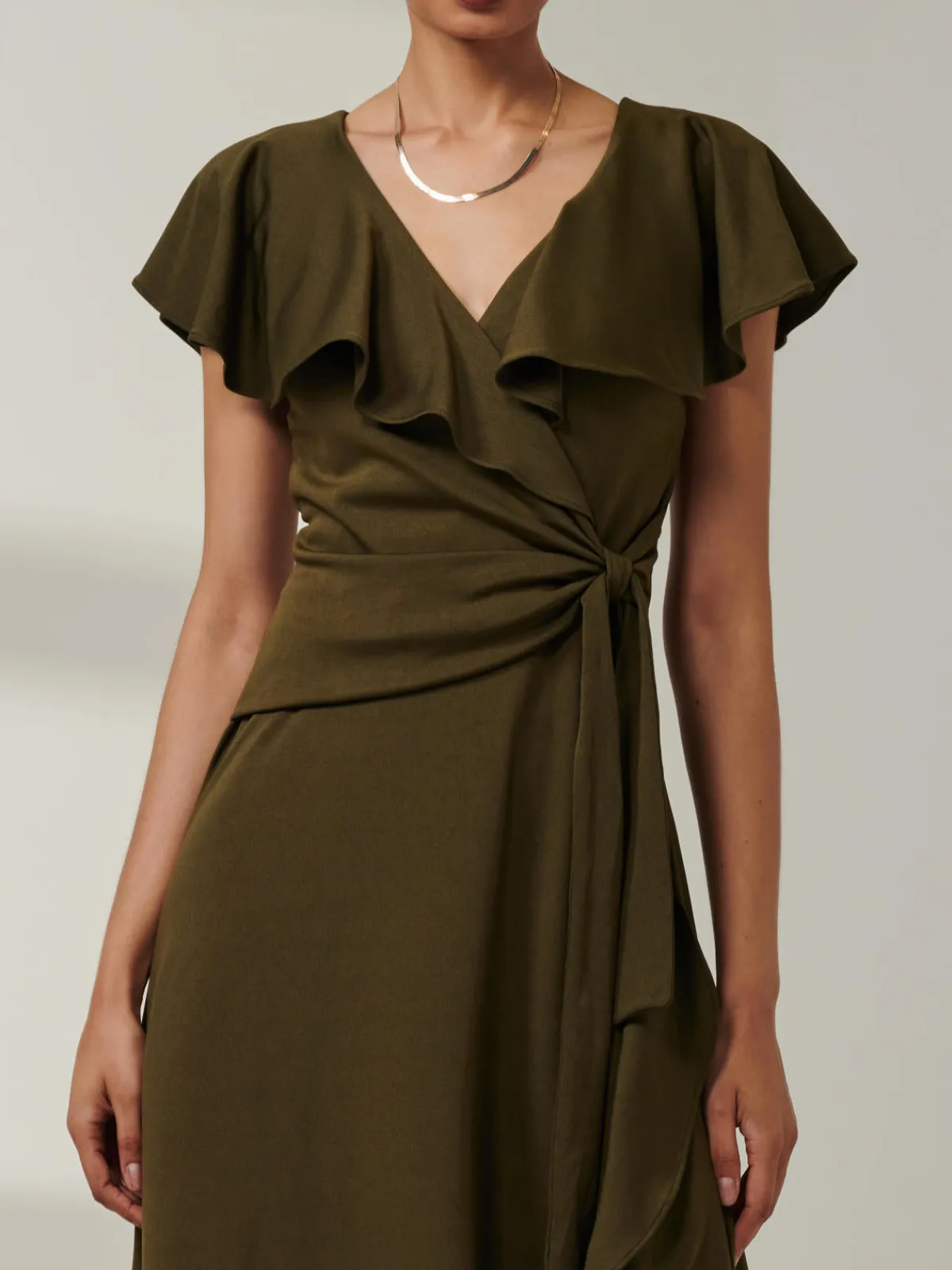 Jolie Moi Occasion Dresses|Maxi Dresses-Priya Frill Dipped Hem Dress, Soldier Green