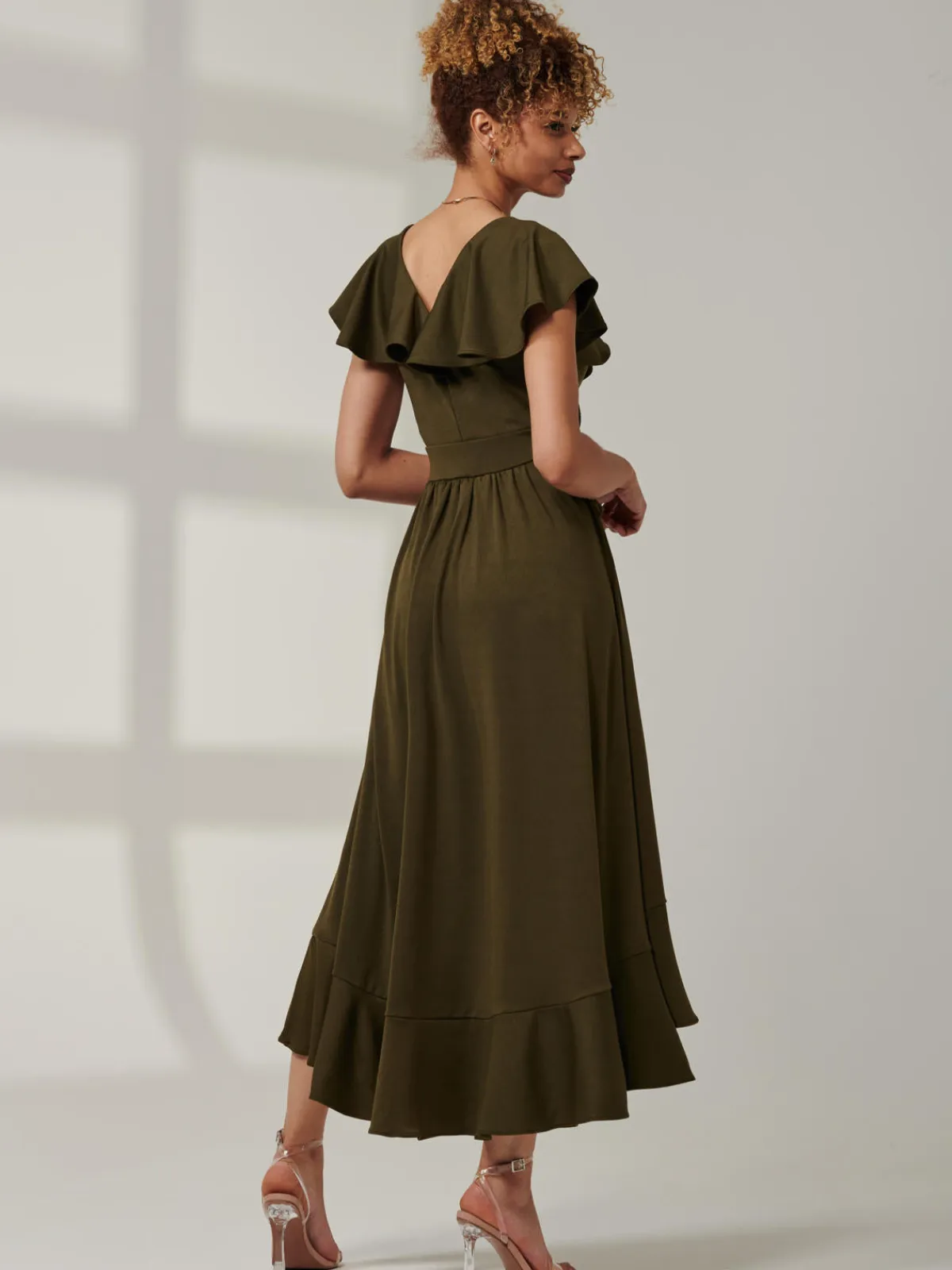 Jolie Moi Occasion Dresses|Maxi Dresses-Priya Frill Dipped Hem Dress, Soldier Green