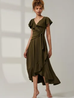 Jolie Moi Occasion Dresses|Maxi Dresses-Priya Frill Dipped Hem Dress, Soldier Green