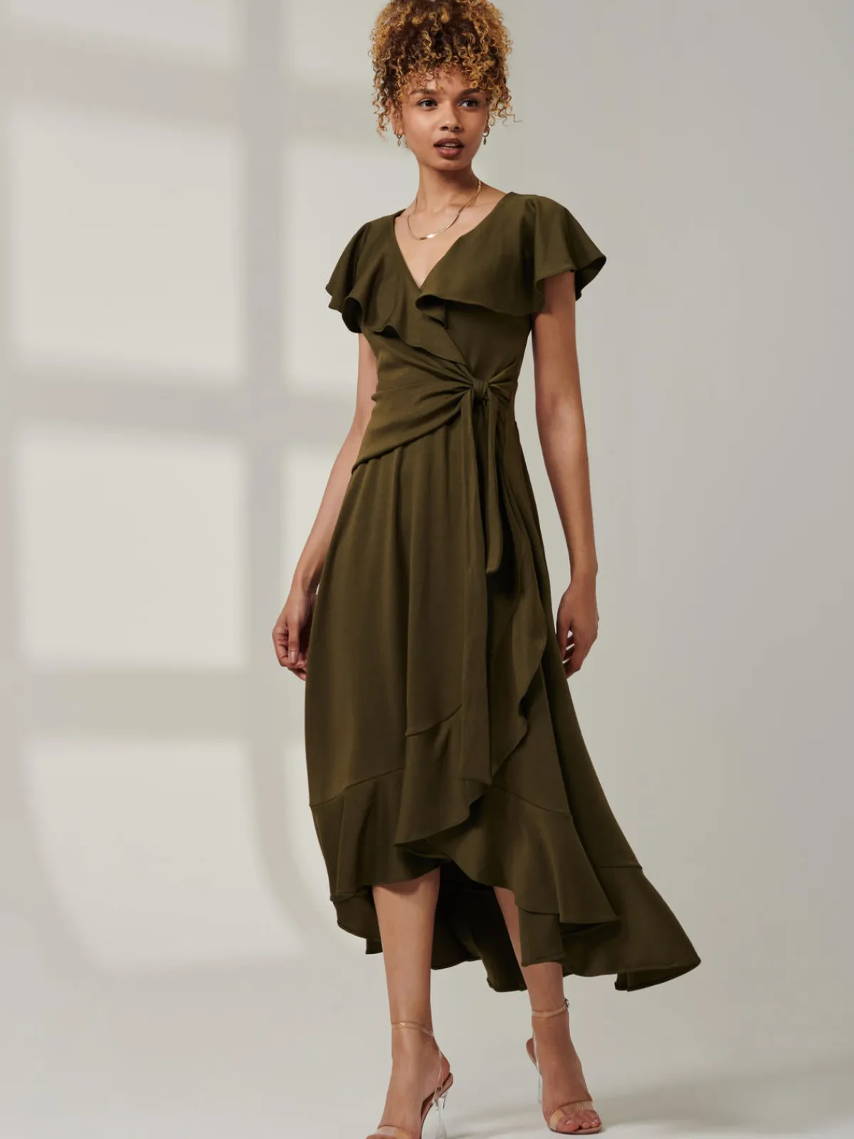 Jolie Moi Occasion Dresses|Maxi Dresses-Priya Frill Dipped Hem Dress, Soldier Green