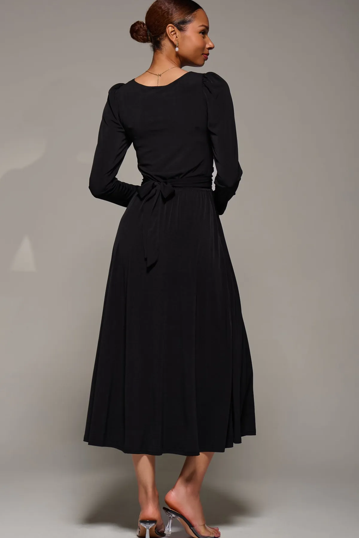 Jolie Moi Occasion Dresses|Jersey Dresses-Puff Long Sleeve Jersey Maxi Dress, Black