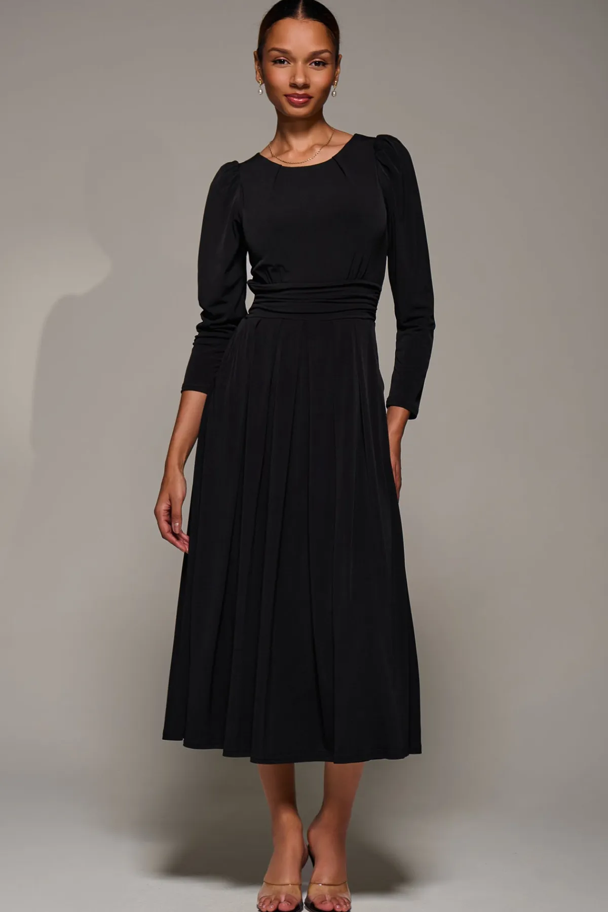 Jolie Moi Occasion Dresses|Jersey Dresses-Puff Long Sleeve Jersey Maxi Dress, Black